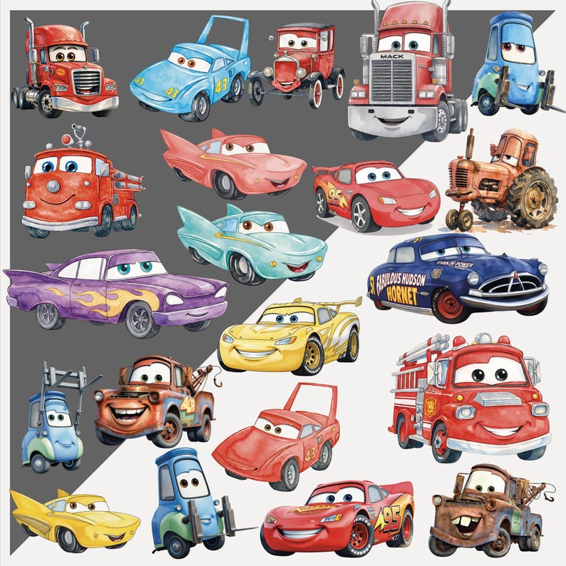 Watercolor Cartoon Cars PNG Clipart Bundle for Kids Designs, Lightning ...
