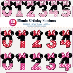 May include: A collection of Minnie Mouse-themed birthday numbers, including digits 0 through 5. Each number features a black silhouette of Minnie Mouse ears and a bow. The numbers are in pink and red with polka dots. The image also includes the text "Minnie Birthday Numbers".