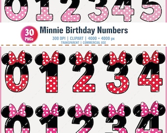 Könnte beinhalten: Eine Sammlung von Minnie Mouse-Geburtstagszahlen, einschließlich der Ziffern 0 bis 5. Jede Zahl hat schwarze Minnie Mouse-Ohren und eine Schleife. Die Zahlen sind in Rosa und Rot mit Polka Dots gehalten. Der Text "Minnie Birthday Numbers" ist ebenfalls enthalten.
