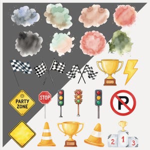 May include: Watercolor illustrations of racing and party-themed elements. Includes checkered flags, a gold trophy, traffic signs, traffic lights, and colorful watercolor cloud shapes. Also features a yellow lightning bolt and a podium with numbers.