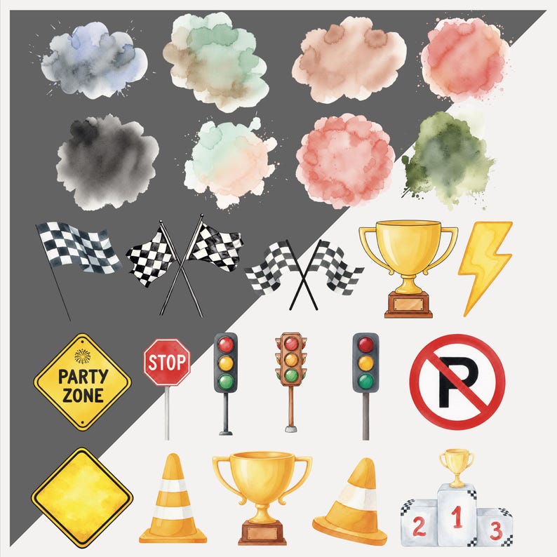 May include: Watercolor illustrations of racing and party-themed elements. Includes checkered flags, a gold trophy, traffic signs, traffic lights, and colorful watercolor cloud shapes. Also features a yellow lightning bolt and a podium with numbers.