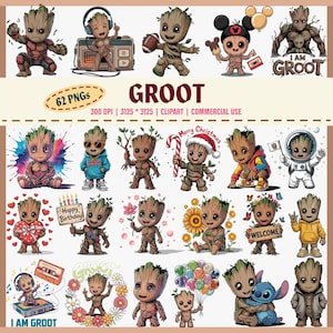 Könnte beinhalten: Eine Sammlung von Groot-Charakter-PNGs in verschiedenen Posen und Outfits. Die Bilder zeigen Groot mit Kopfhörern, einem Football und Luftballons. Der Text enthält "62 PNGS GROOT" und "I AM GROOT".