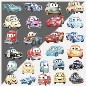 May include: A collection of cartoon car illustrations in various colors. The cars include race cars, trucks, and police cars, each with expressive faces. The illustrations are in a watercolor style, with soft edges and bright colors.