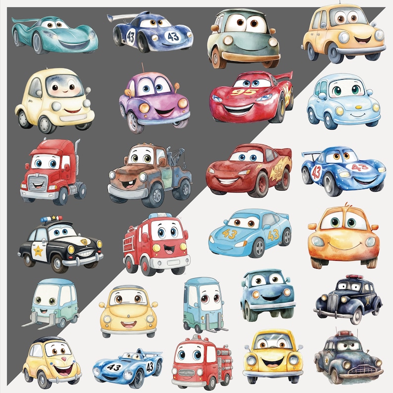 May include: A collection of cartoon car illustrations in various colors. The cars include race cars, trucks, and police cars, each with expressive faces. The illustrations are in a watercolor style, with soft edges and bright colors.