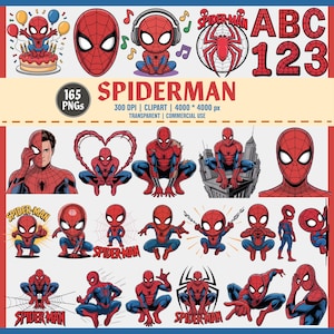 Puede incluir: Una colección de imágenes prediseñadas digitales con el tema de Spider-Man. Las imágenes incluyen varias poses de Spider-Man, su máscara y las palabras "Spider-Man" y "ABC 123". La combinación de colores es principalmente roja, azul y blanca.