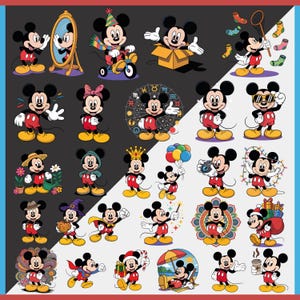 May include: A collection of Mickey Mouse illustrations in various poses and outfits. Mickey is shown with a mirror, on a tricycle, in a box, with a tennis racket, and more. The illustrations feature Mickey in his classic red shorts, yellow shoes, and white gloves.