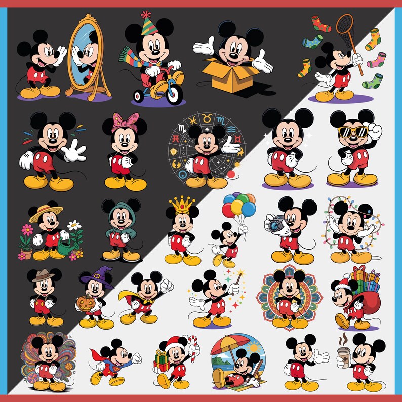 May include: A collection of Mickey Mouse illustrations in various poses and outfits. Mickey is shown with a mirror, on a tricycle, in a box, with a tennis racket, and more. The illustrations feature Mickey in his classic red shorts, yellow shoes, and white gloves.
