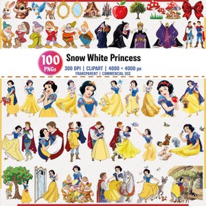 May include: A collection of Snow White Princess PNGs, featuring various illustrations of the princess, dwarfs, and other characters. The images include the text "100 PNGs" and "Snow White Princess". The images are transparent and for commercial use.