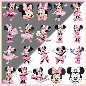 May include: A collection of Minnie Mouse illustrations in various poses. Minnie is depicted in a pink polka-dot dress and bow, with some images showing her holding gifts, flowers, or a butterfly. The background alternates between gray and white.