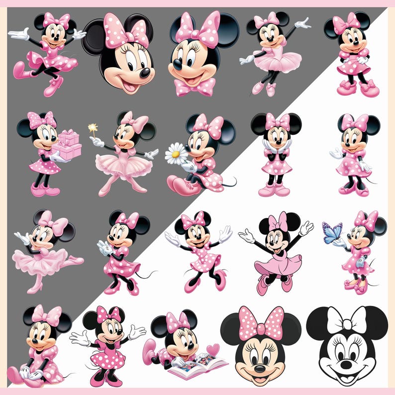 May include: A collection of Minnie Mouse illustrations in various poses. Minnie is depicted in a pink polka-dot dress and bow, with some images showing her holding gifts, flowers, or a butterfly. The background alternates between gray and white.