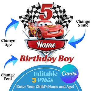 May include: A red race car with the number 95 and the word "Rusteze" is featured in this image. The number 5 is above the car, with checkered flags in the background. Text includes "Birthday Boy", "Name", and "Editable 3 PNGs".