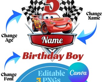 May include: A red race car with the number 95 and the word "Rusteze" is featured in this image. The number 5 is above the car, with checkered flags in the background. Text includes "Birthday Boy", "Name", and "Editable 3 PNGs".