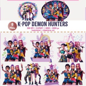 May include: A collection of nine PNG images featuring K-Pop Demon Hunters. The images showcase three female characters in various poses, holding microphones and making hand gestures. The color palette includes pink, yellow, blue, and purple. The text on the image reads "K-POP DEMON HUNTERS".