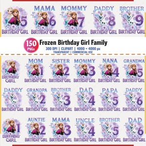 May include: A collection of digital clip art featuring characters from the movie Frozen. The designs include images of Anna and Elsa, along with text such as "Birthday Girl," "Mom," and "Daddy." The designs are in shades of purple and blue.