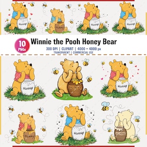 Peut inclure: Plusieurs illustrations de Winnie l'Ourson. L'ours est représenté dans diverses poses avec un pot de miel étiqueté "Hunny" et entouré d'abeilles. Les images sont de style dessin animé, avec un fond clair.
