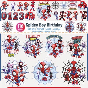 Könnte beinhalten: Eine Sammlung digitaler Clipart-Bilder zum Thema Spidey Boy Geburtstag. Die Bilder zeigen Spider-Man und verwandte Charaktere in verschiedenen Posen, zusammen mit Spinnennetzen, Zahlen und dem Text "Birthday Boy". Die Farben sind Rot, Blau und Schwarz.