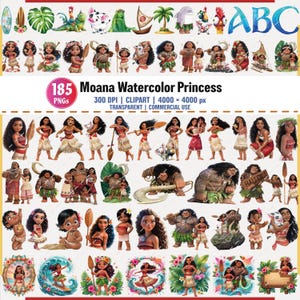 Könnte beinhalten: Eine Sammlung von 185 PNG-Bildern mit Moana-Charakteren und -Elementen. Die Bilder zeigen verschiedene Posen von Moana, Maui, Pua, Hei Hei und anderen Charakteren, zusammen mit tropischen Elementen wie Palmen und Surfbrettern. Der Text lautet "Moana Watercolor Princess".