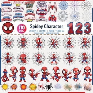 スパイダーマンキャラクターPNGクリップアートバンドルバースデーパーティーセット