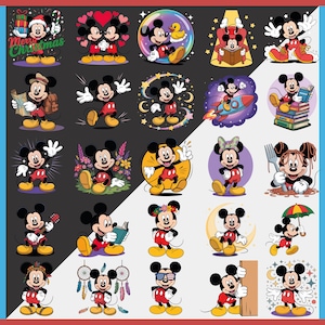 May include: A collection of colorful Mickey Mouse character illustrations in various poses and settings. Mickey is depicted with a Christmas theme, reading, holding a guitar, and more. The images have a cartoon style with bold outlines and bright colors.