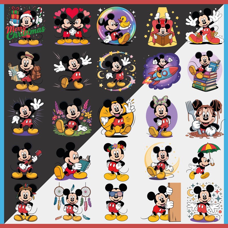 May include: A collection of colorful Mickey Mouse character illustrations in various poses and settings. Mickey is depicted with a Christmas theme, reading, holding a guitar, and more. The images have a cartoon style with bold outlines and bright colors.