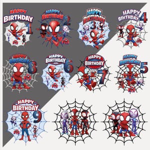 May include: A collection of Spider-Man themed birthday decorations. Each design features Spider-Man, a spider web, and the words "Happy Birthday" with a number from 1 to 9. The color scheme includes red, blue, and black.