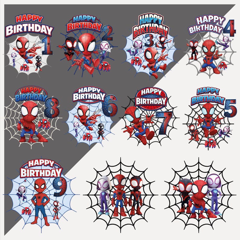 May include: A collection of Spider-Man themed birthday decorations. Each design features Spider-Man, a spider web, and the words "Happy Birthday" with a number from 1 to 9. The color scheme includes red, blue, and black.