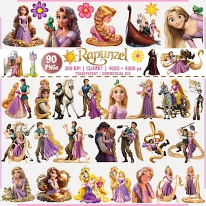 May include: A collection of 90 PNG clipart images featuring Rapunzel and related characters. The images include illustrations of Rapunzel in various poses, with a variety of backgrounds, and with other characters. The images are in a variety of colors, including purple, gold, and pink.