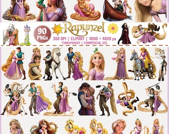 May include: A collection of 90 PNG clipart images featuring Rapunzel and related characters. The images include illustrations of Rapunzel in various poses, with a variety of backgrounds, and with other characters. The images are in a variety of colors, including purple, gold, and pink.