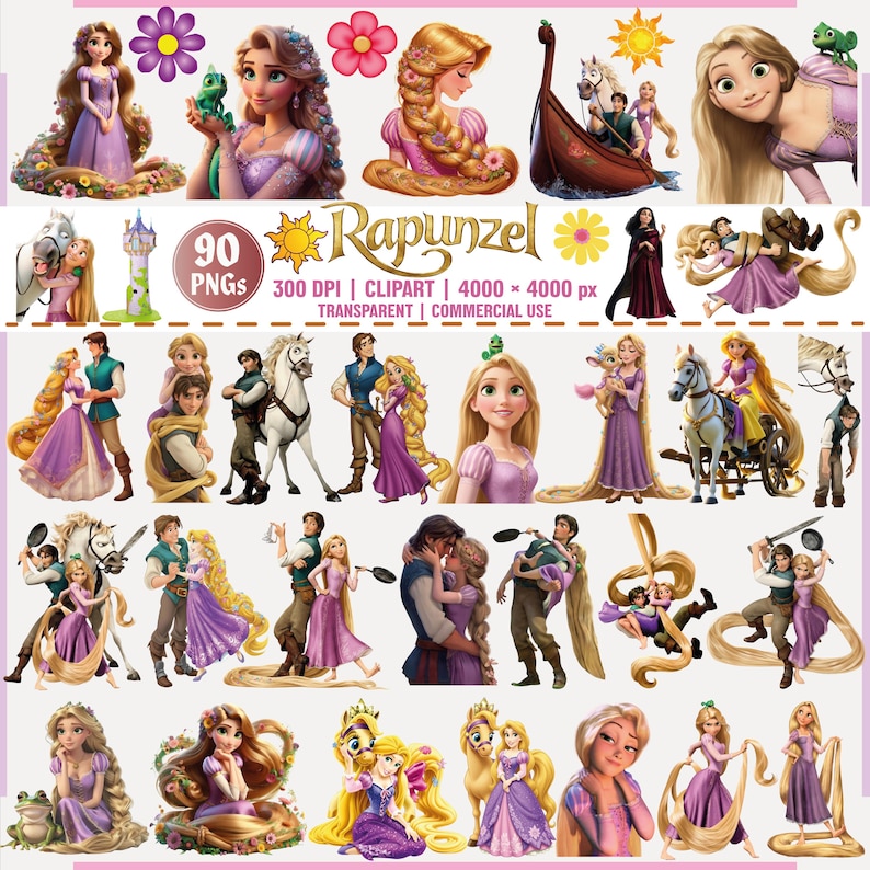 May include: A collection of 90 PNG clipart images featuring Rapunzel and related characters. The images include illustrations of Rapunzel in various poses, with a variety of backgrounds, and with other characters. The images are in a variety of colors, including purple, gold, and pink.