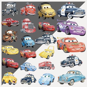 May include: A collection of colorful cartoon car illustrations, featuring various models like police cars, race cars, and trucks. The cars have smiling faces and are set against a neutral background.