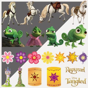 May include: A collection of cartoon images featuring characters and elements from the Disney movie "Tangled." Includes white horses with saddles, green chameleons, colorful flowers, sun and starburst designs, castle towers, and lanterns. The movie title is also displayed.