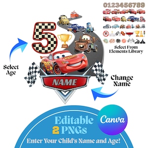 May include: A digital design featuring the number 5 with a checkered pattern, race cars, and the text "NAME". The design includes the text "Select Age", "Change Name", "Editable 2 PNGs", and "Enter Your Child's Name and Age!"