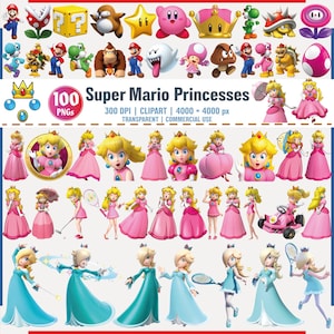 Könnte beinhalten: Eine Sammlung von Super Mario-Charakteren und Prinzessinnen im PNG-Format. Das Bild zeigt verschiedene Charaktere wie Mario, Yoshi und Prinzessin Peach, zusammen mit dem Text "100 Super Mario Princesses". Das Bild ist transparent und für den kommerziellen Gebrauch.