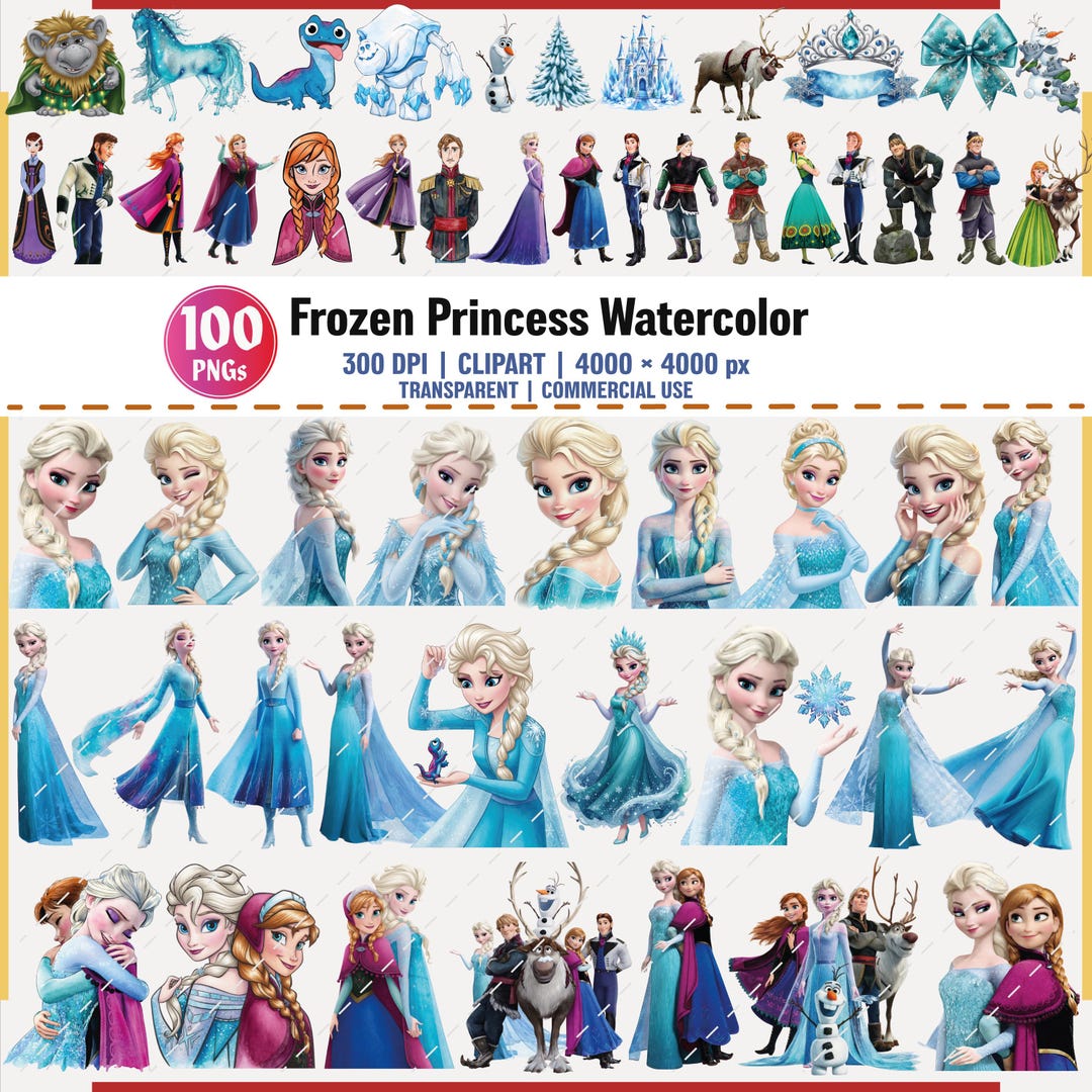 Frozen Princess Watercolor PNG Clipart Bundle Digital Download
