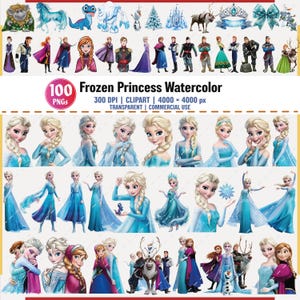 May include: A collection of 100 Frozen Princess watercolour PNGs. The image features various characters and elements from the movie, including Elsa, Anna, Olaf, and other characters. The image is 4000 x 4000 px and is transparent and for commercial use.
