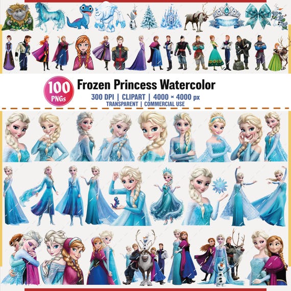 Frozen Princess Watercolor PNG Clipart Bundle Digital Download