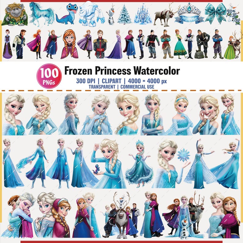 Op de afbeelding: Een verzameling van 100 Frozen Princess aquarel PNG's. De afbeelding bevat verschillende personages en elementen uit de film, waaronder Elsa, Anna, Olaf en andere personages. De afbeelding is 4000 x 4000 px en is transparant en voor commercieel gebruik.