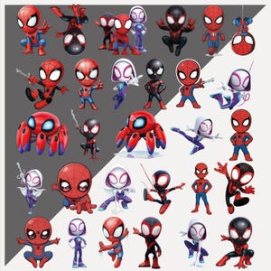 May include: A collection of cartoon-style Spider-Man characters in various poses. The characters are primarily red, black, and blue, with white accents. Some characters are in action poses, while others are standing or crouching.
