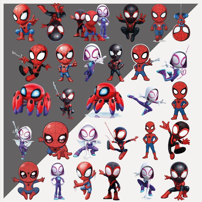 May include: A collection of cartoon-style Spider-Man characters in various poses. The characters are primarily red, black, and blue, with white accents. Some characters are in action poses, while others are standing or crouching.