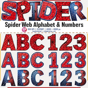May include: A digital graphic showing the word "SPIDER" in red, spiderweb-patterned letters. The image also displays the text "Spider Web Alphabet & Numbers". The letters ABC and numbers 123 are also shown in a similar style.