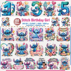 Paquete de imágenes prediseñadas PNG de Stitch Birthday Girl para fiesta infantil