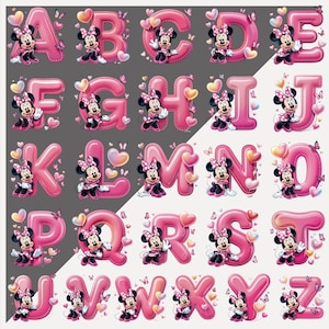 May include: Pink alphabet letters A to Z, each featuring Minnie Mouse, hearts, and butterflies. The letters have a stitched appearance, with a light and dark grey background.