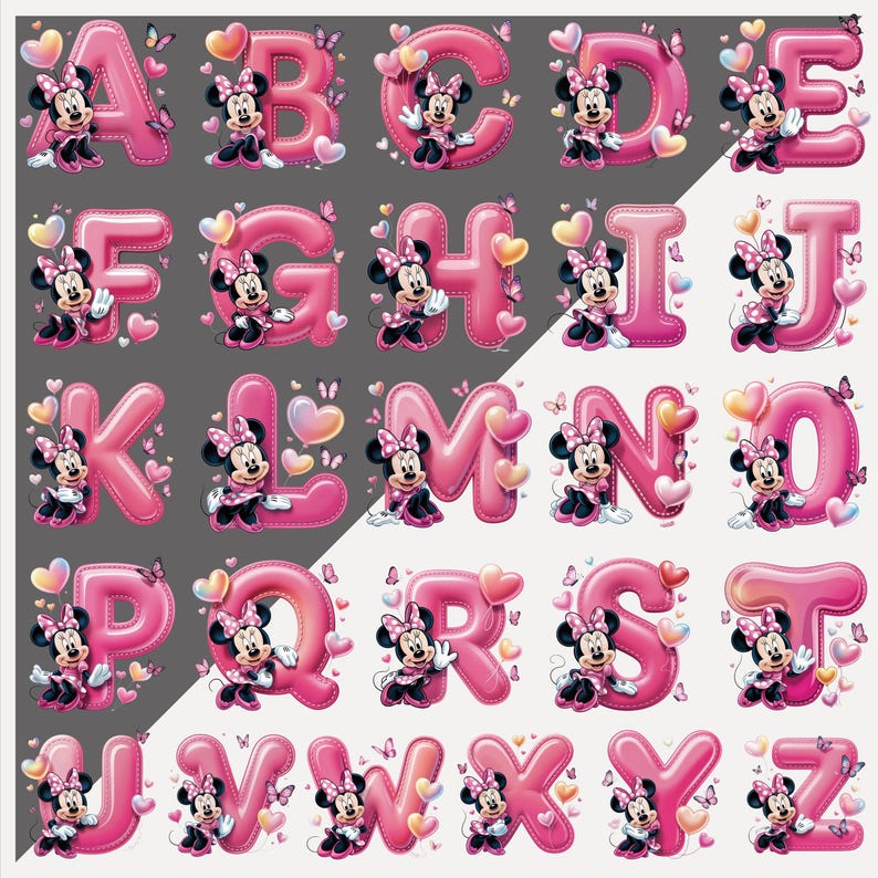 May include: Pink alphabet letters A to Z, each featuring Minnie Mouse, hearts, and butterflies. The letters have a stitched appearance, with a light and dark grey background.