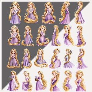 May include: A collection of illustrations featuring a princess with long blonde hair and a purple dress. The images vary in pose and detail, showcasing the character in different stances and with various accessories.