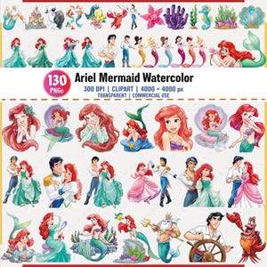 Può includere: Una collezione di 130 immagini PNG ad acquerello con Ariel la sirenetta e altri personaggi del film d'animazione. Le immagini includono Ariel in varie pose, insieme al Principe Eric, Flounder e Sebastian. Le immagini sono trasparenti e adatte all'uso commerciale.