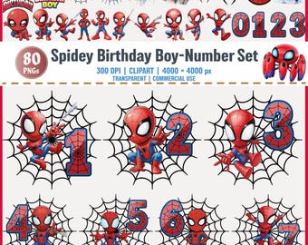 スパイダーマンの誕生日ボーイのクリップアートバンドルPNG番号セット