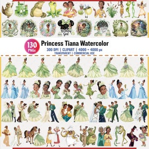 Könnte beinhalten: Eine digitale Sammlung von 130 Aquarell-Clipart-Bildern mit Prinzessin Tiana, Prinz Naveen und verschiedenen Charakteren aus dem Film. Das Set enthält einzelne Figuren, Paare und gerahmte Szenen mit Text wie Birthday Girl.