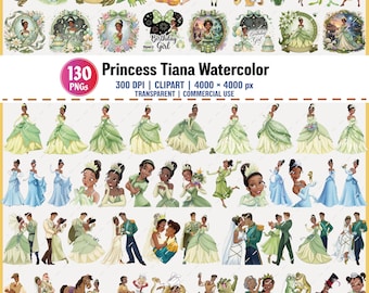 Prinses Tiana aquarel clipartbundel, 130 digitale png-ontwerpen