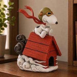 May include: A figurine of a white dog wearing a green aviator helmet with goggles and a flowing red scarf, sitting atop a red wooden doghouse. The base features sculpted white clouds and dark grey smoke, depicting the dog as a flying ace pilot.
