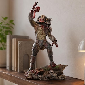 May include: A detailed Predator action figure standing on a base of skulls and debris. The figure features a tan and brown textured body with metallic armor, a plasma caster on the shoulder, and an open mouth mask, holding a skull in one raised hand.
